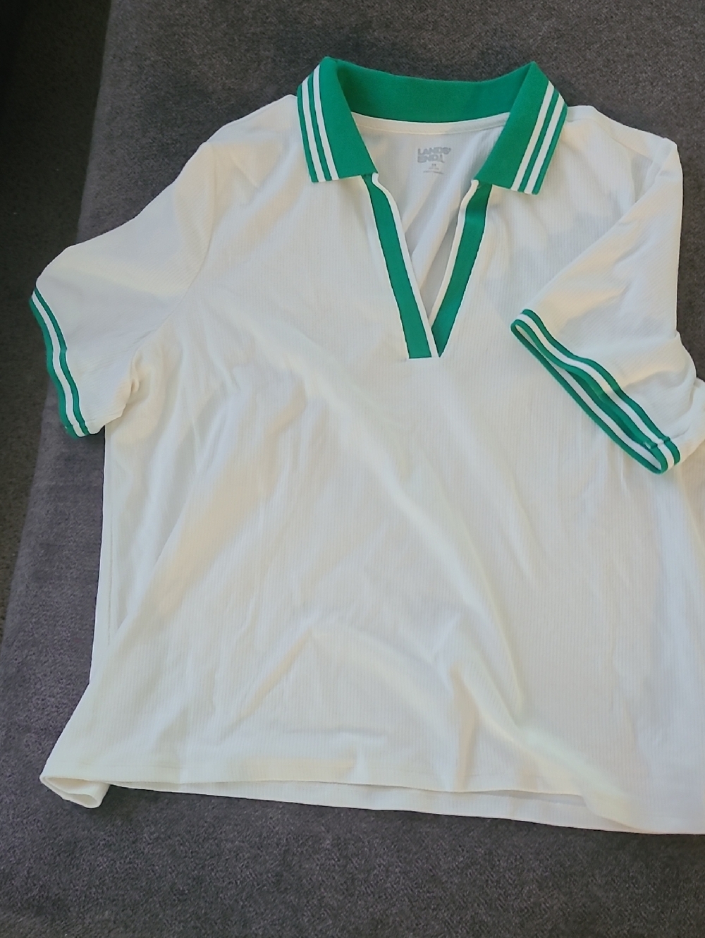 Lands End White Polo Shirt with Green Striped Collar